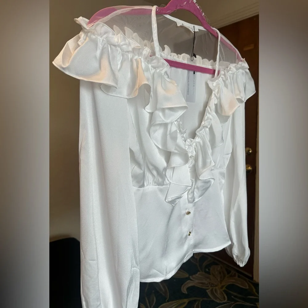 Ruffled V Neck Elastic Puff Sleeves Blouse - Picture 3 of 10